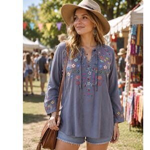 Luv 2 Luv Womens XL Blue Floral Embroidered Boho Tunic Top Long Sleeve Tie Neck
